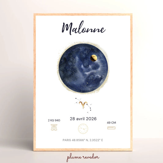 Affiche Naissance Personnalisée — Prénom, Heure, Poids et Taille avec Carte du Ciel