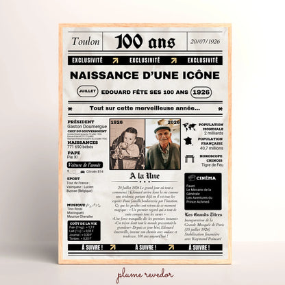 Affiche Personnalisée Anniversaire 100 Ans Journal. Cadeau anniversaire 100 ans