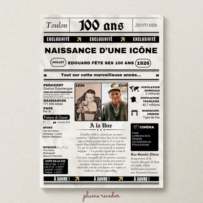 Affiche Personnalisée Anniversaire 100 Ans Journal. Cadeau anniversaire 100 ans