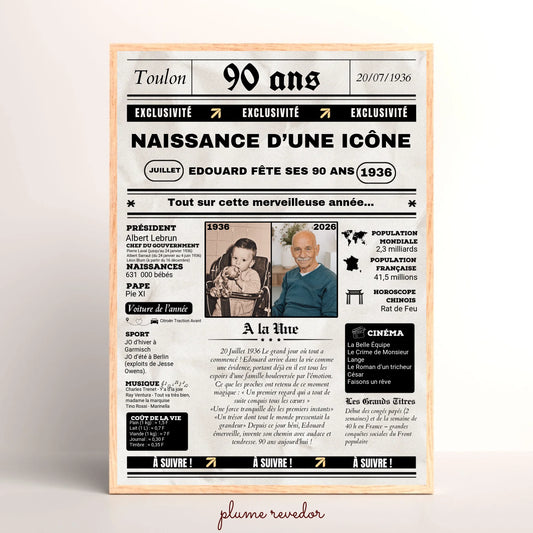 Affiche Personnalisée Anniversaire 90 Ans Journal. Cadeau anniversaire 90 ans