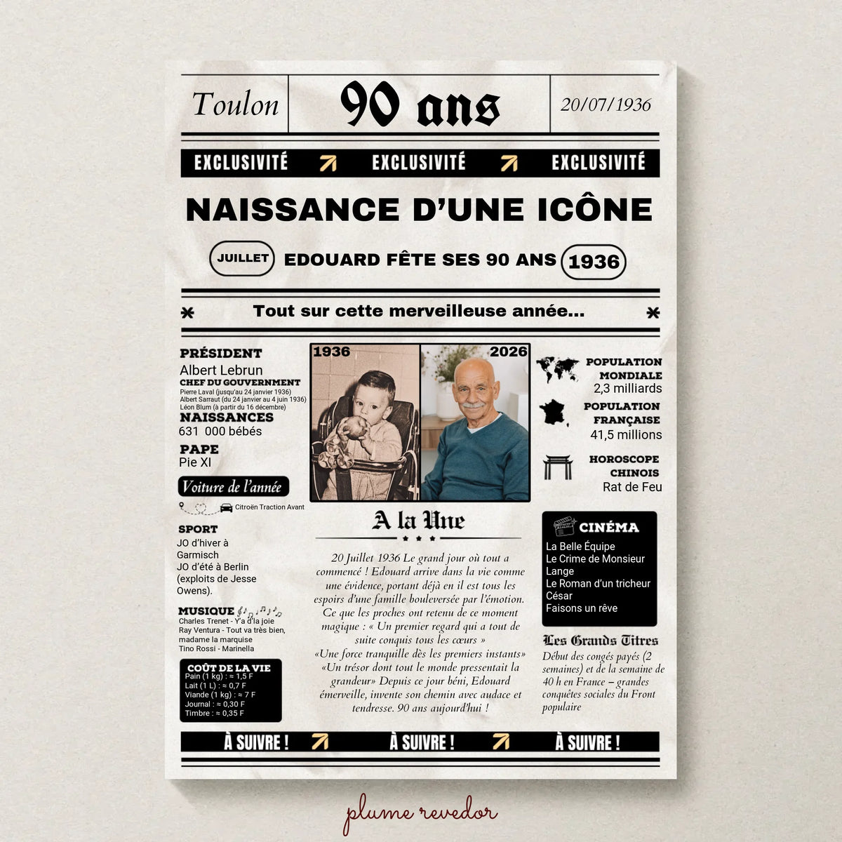 Affiche Personnalisée Anniversaire 90 Ans Journal. Cadeau anniversaire 90 ans