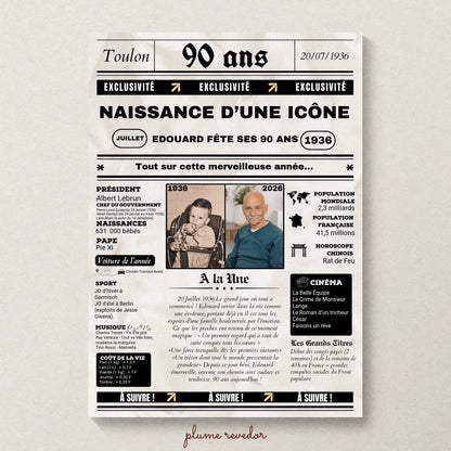 Affiche Personnalisée Anniversaire 90 Ans Journal. Cadeau anniversaire 90 ans