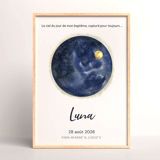 Affiche Personnalisée baptême - Carte des étoiles avec Constellations et phase de la lune