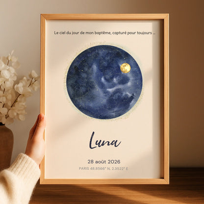 Affiche Personnalisée baptême - Carte des étoiles avec Constellations et phase de la lune