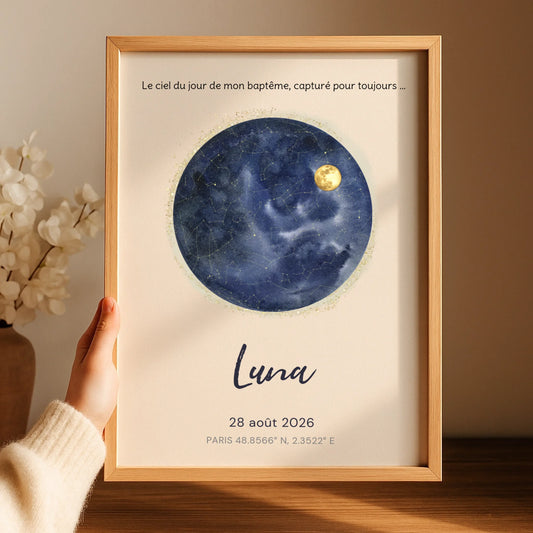 Affiche Personnalisée baptême - Carte des étoiles avec Constellations et phase de la lune