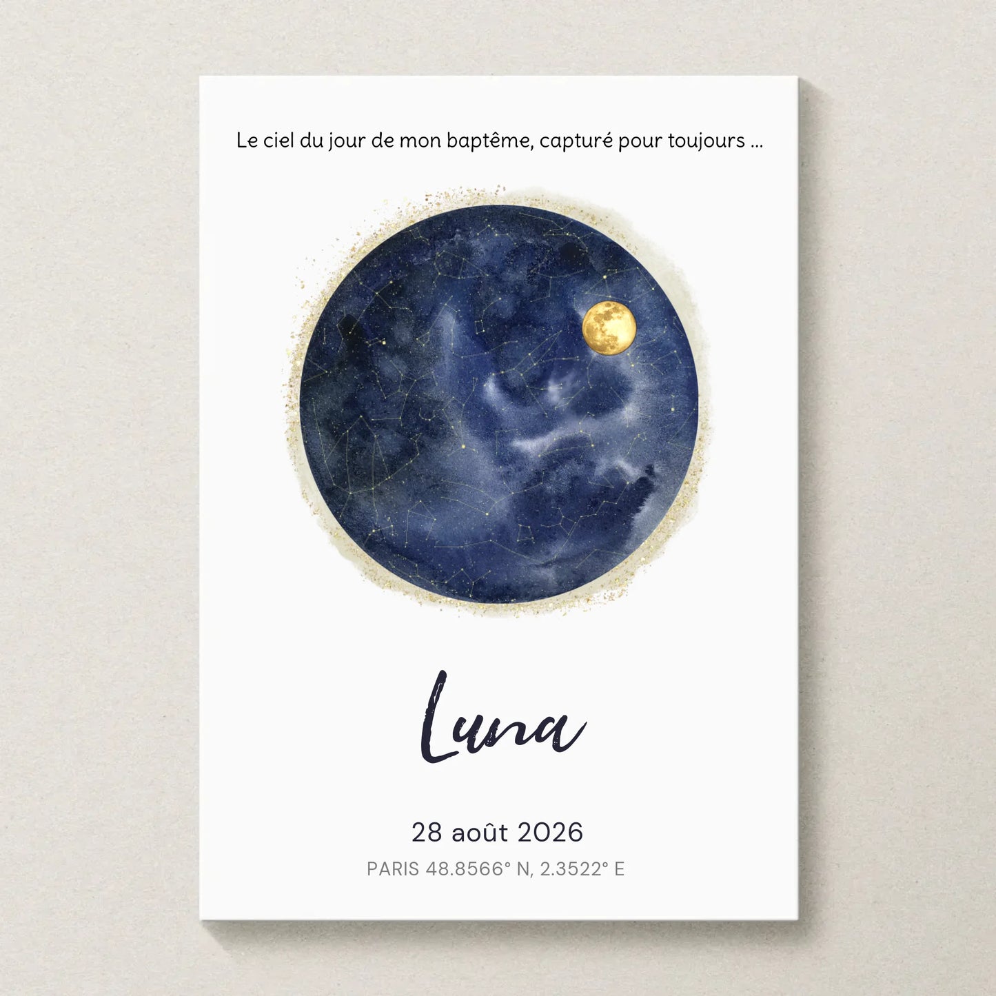 Affiche Personnalisée baptême - Carte des étoiles avec Constellations et phase de la lune
