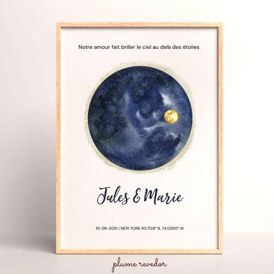 Affiche Personnalisée Ciel Étoilé avec Constellations – Cadeau Couple Unique, Date & Lieu Spéciaux