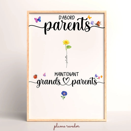 Affiche personnalisée “Parents & Grands-Parents” – Fleurs de naissance avec prénoms – Cadeau grands-parents