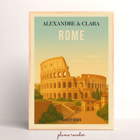 Affiche voyage couple Rome personnalisée – Colisée & paysage italien vintage