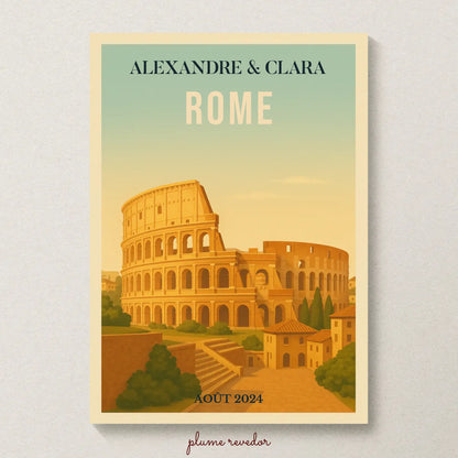 Affiche voyage couple Rome personnalisée – Colisée & paysage italien vintage