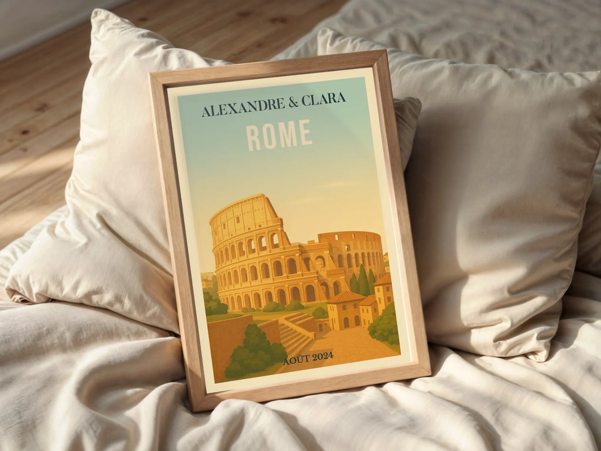 Affiche voyage couple Rome personnalisée – Colisée & paysage italien vintage