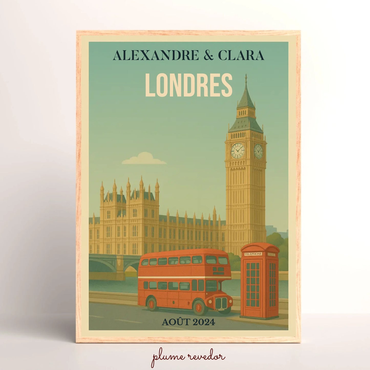 Affiche voyage couple Londres personnalisée – Big Ben & bus rouge vintage