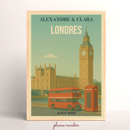 Affiche voyage couple Londres personnalisée – Big Ben & bus rouge vintage