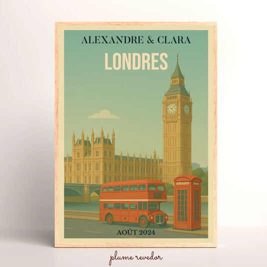 Affiche voyage couple Londres personnalisée – Big Ben & bus rouge vintage