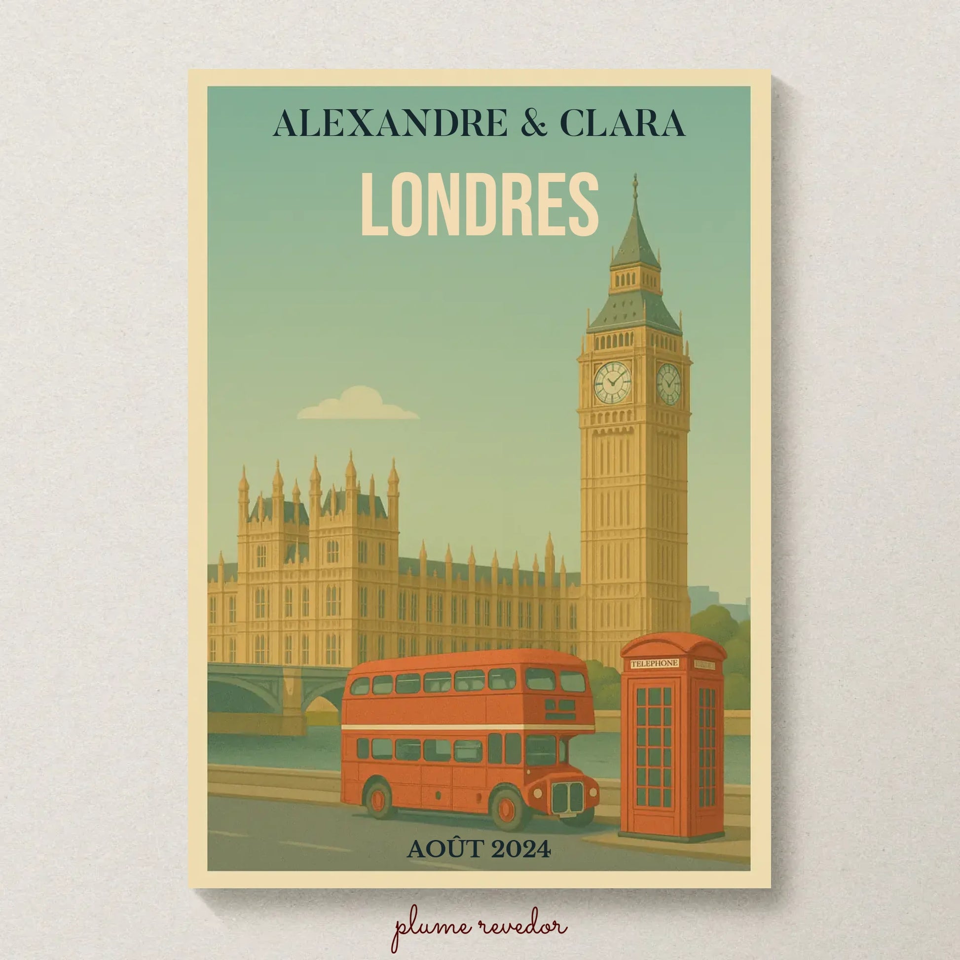 Affiche voyage couple Londres personnalisée – Big Ben & bus rouge vintage