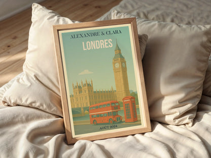 Affiche voyage couple Londres personnalisée – Big Ben & bus rouge vintage