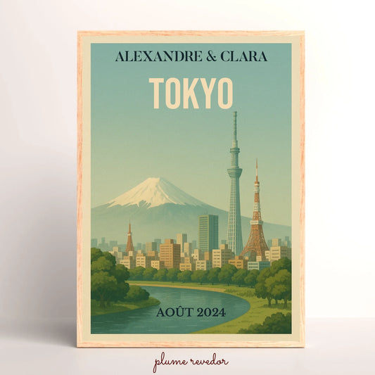 Affiche Voyage couple Tokyo vintage – Mont Fuji & skyline – déco murale personnalisable