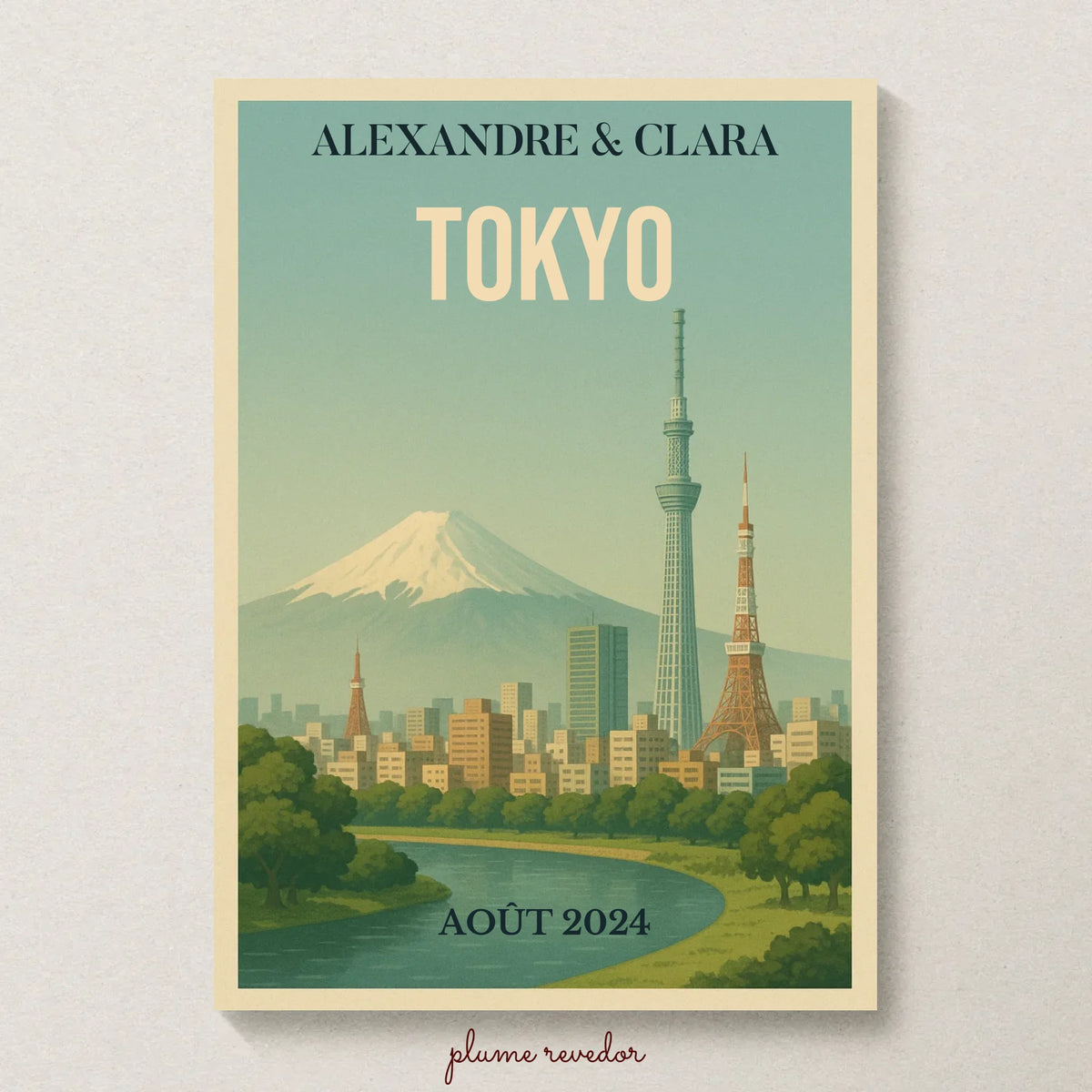 Affiche Voyage couple Tokyo vintage – Mont Fuji & skyline – déco murale personnalisable
