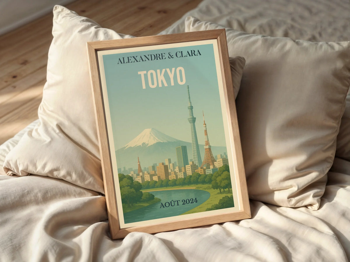 Affiche Voyage couple Tokyo vintage – Mont Fuji & skyline – déco murale personnalisable