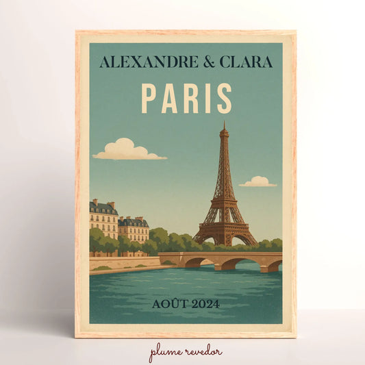Affiche vintage personnalisée Paris – Tour Eiffel & Pont sur la Seine
