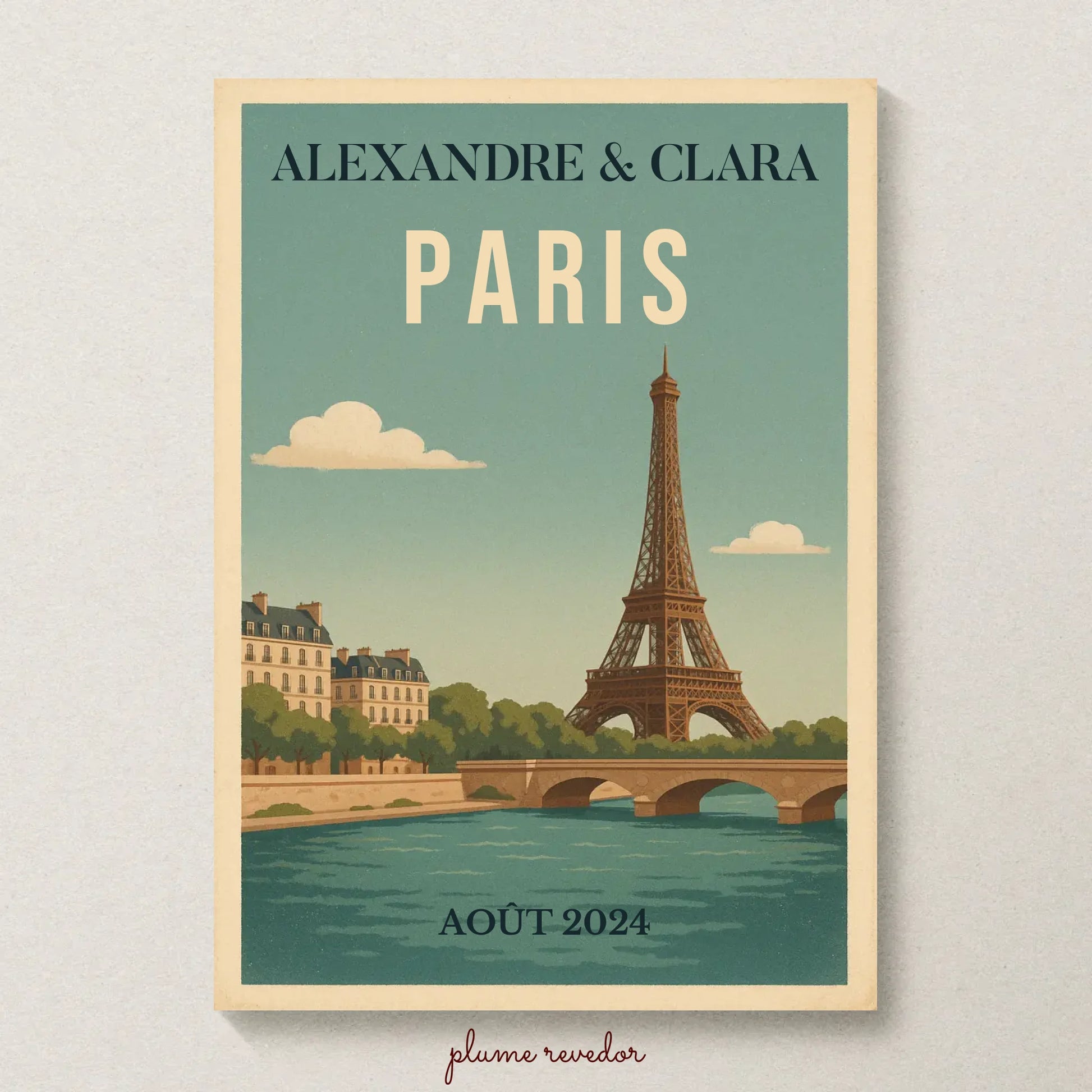 Affiche vintage personnalisée Paris – Tour Eiffel & Pont sur la Seine