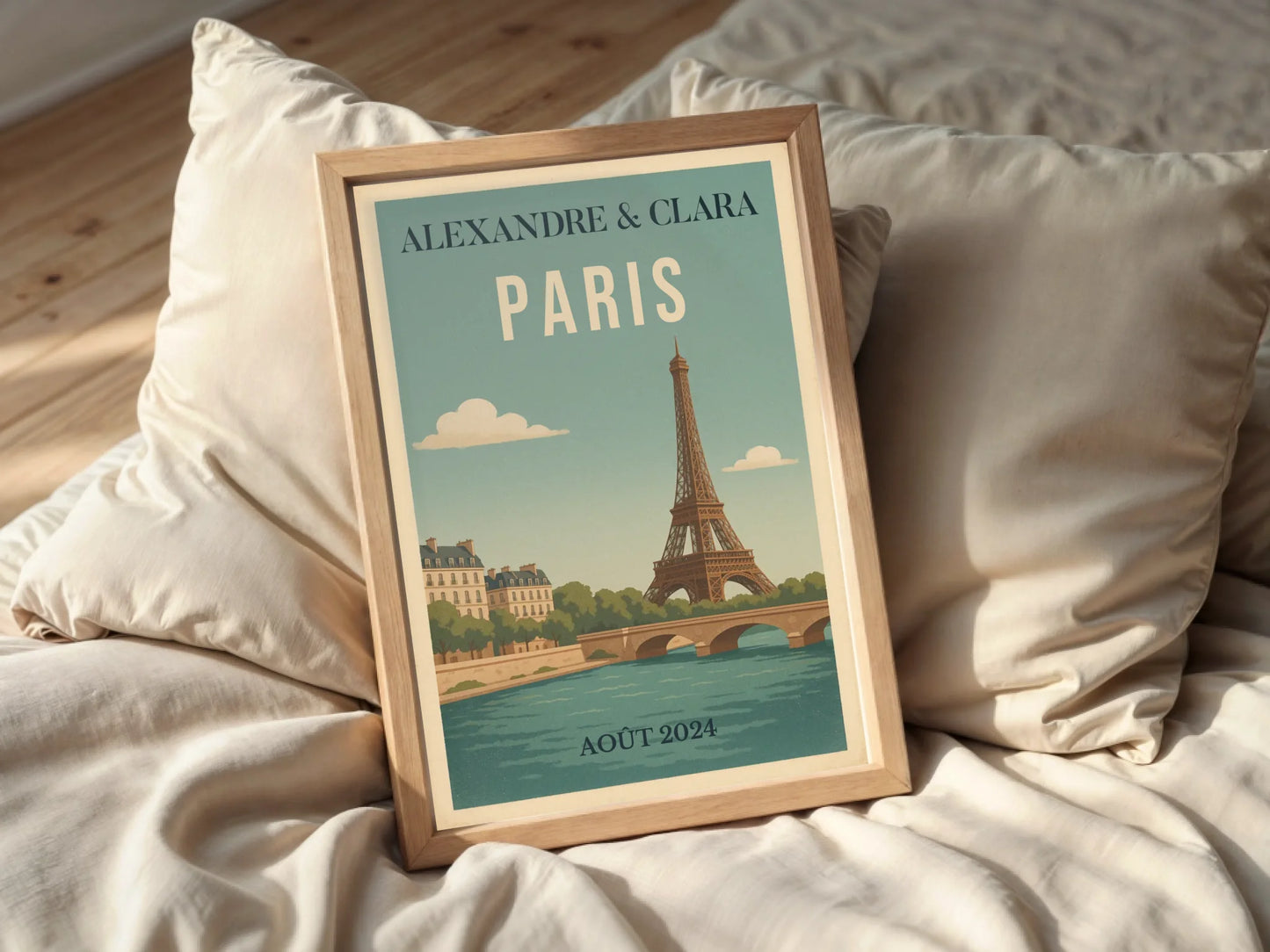 Affiche vintage personnalisée Paris – Tour Eiffel & Pont sur la Seine