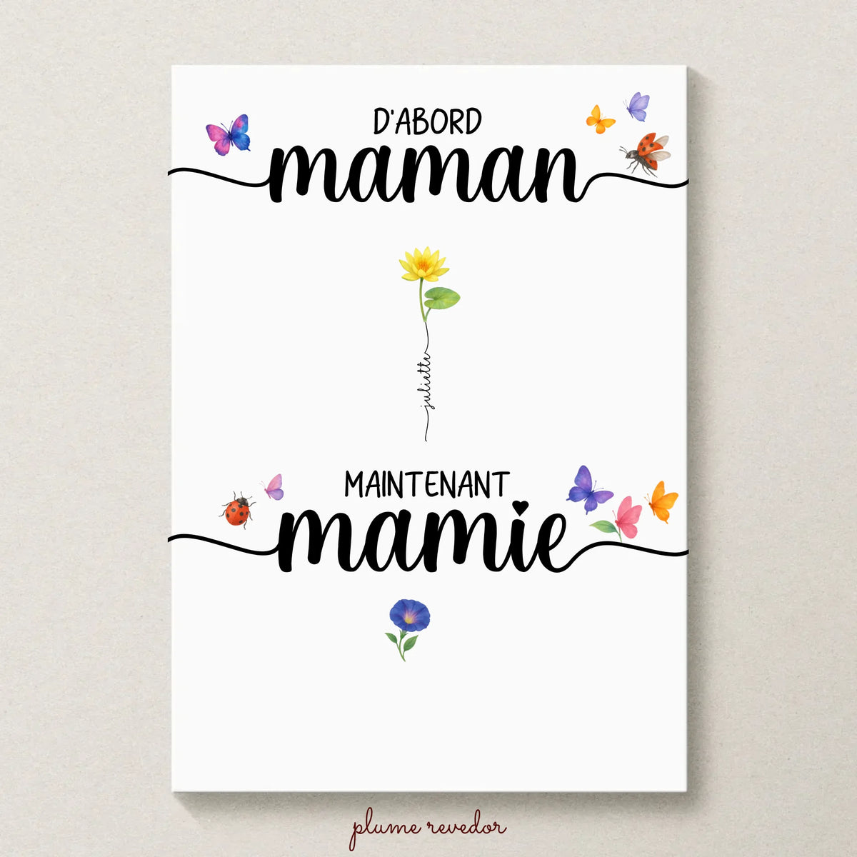 Affiche D'abord maman, maintenant mamie avec Fleurs de Naissance. Cadeau Mamie