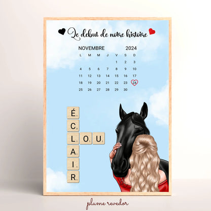 Affiche Équitation : Femme, Cheval, Prénoms & Date - Cadeau Équitation