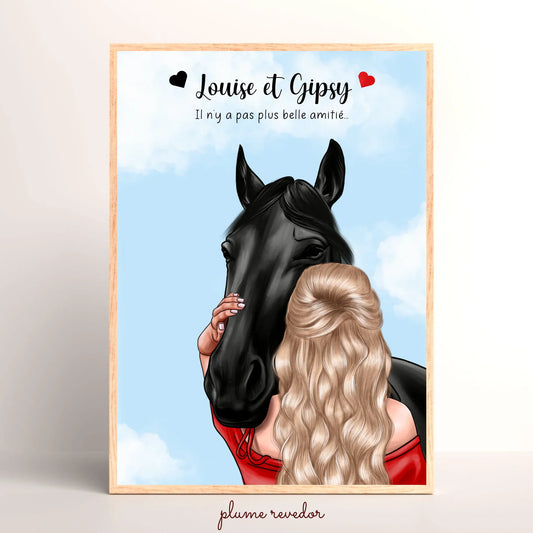 Affiche équitation personnalisée — femme et cheval avec prénoms