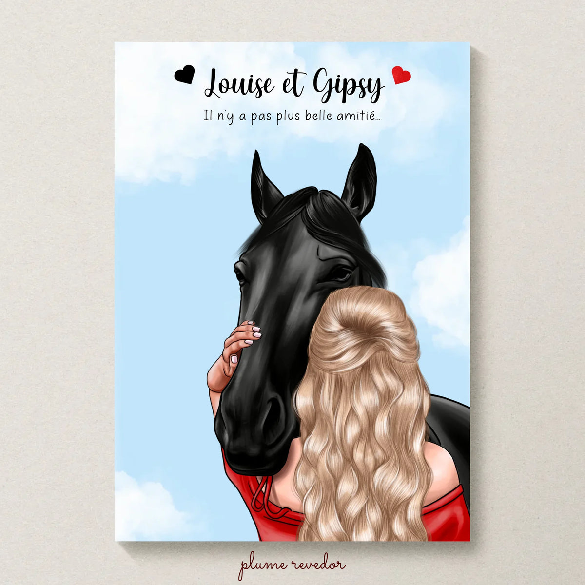 Affiche équitation personnalisée — femme et cheval avec prénoms