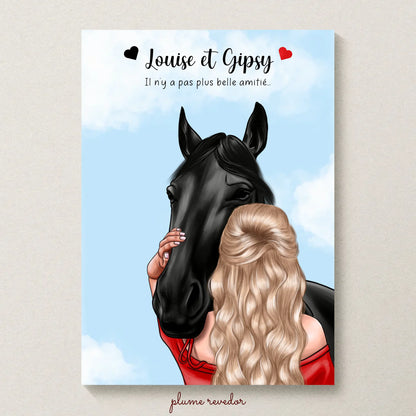 Affiche équitation personnalisée — femme et cheval avec prénoms