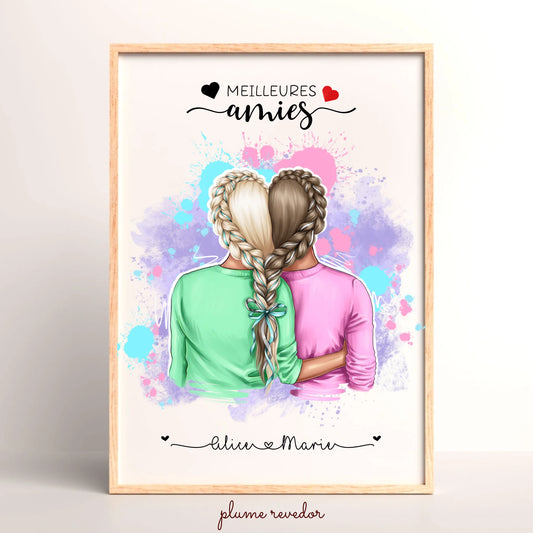 Affiche Personnalisée Meilleures Amies Nattes cœur