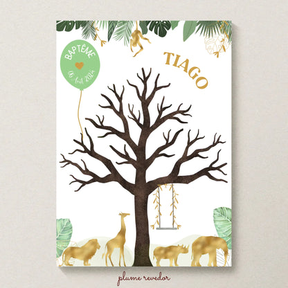 Affiche personnalisée - Baptême ou Anniversaire arbre à empreintes jungle