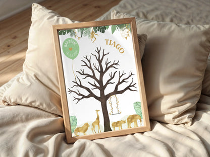 Affiche personnalisée - Baptême ou Anniversaire arbre à empreintes jungle