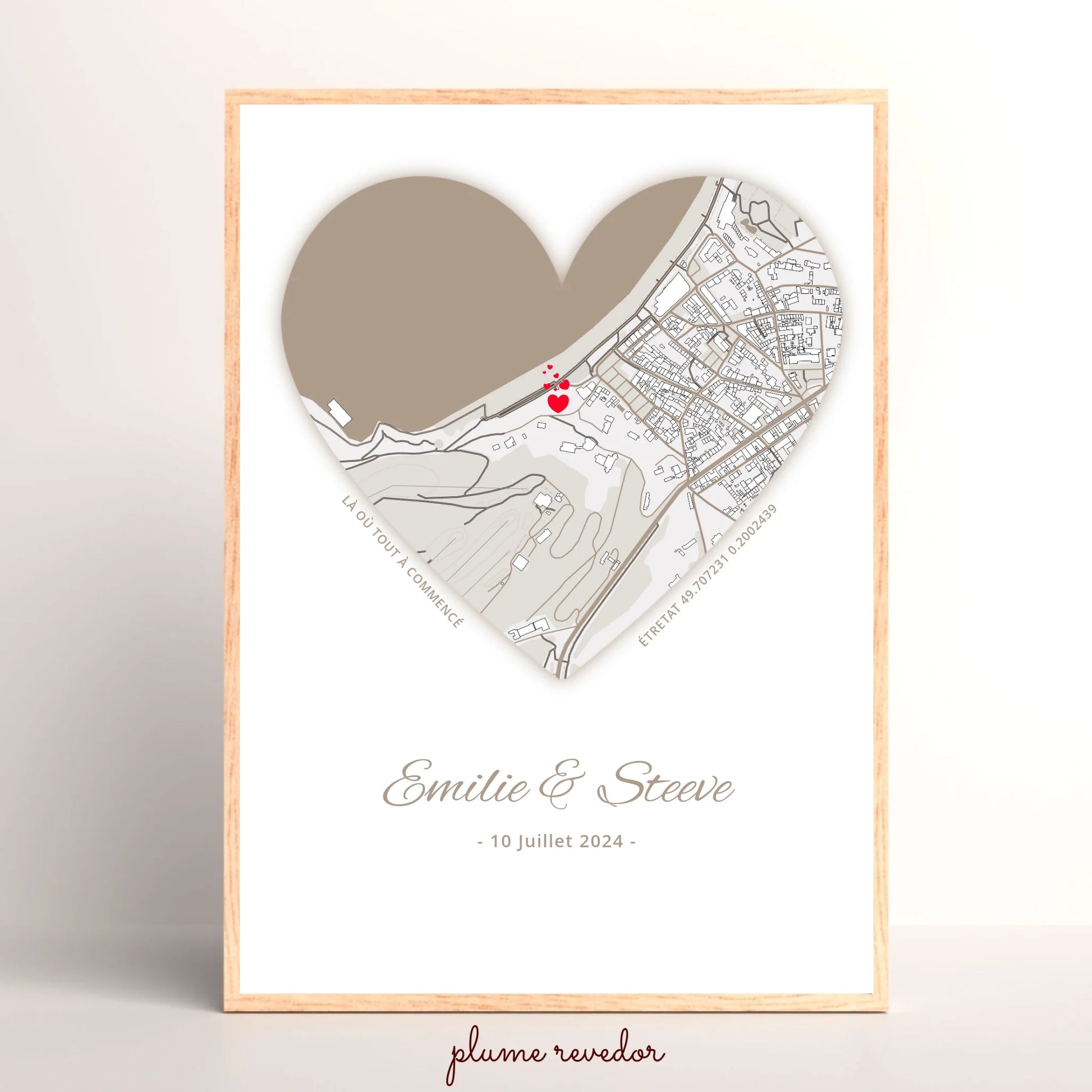 Affiche personnalisée couple carte du lieu de rencontre Cœur - cadeau personnalisé couple