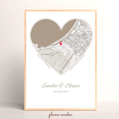 Affiche personnalisée couple carte du lieu de rencontre Cœur - cadeau personnalisé couple