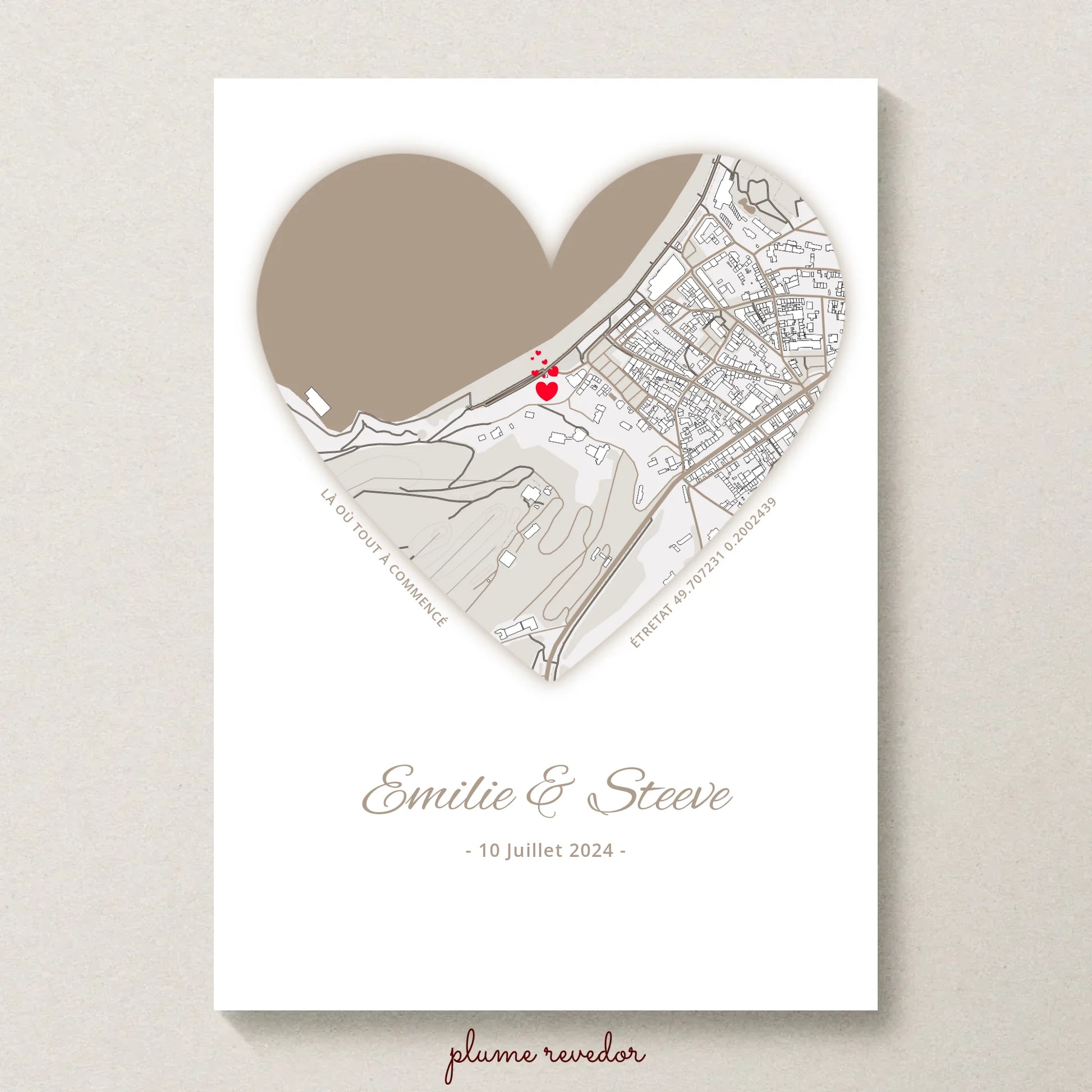 Affiche personnalisée couple carte du lieu de rencontre Cœur - cadeau personnalisé couple