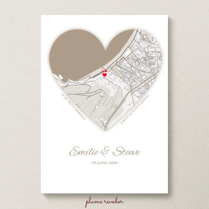 Affiche personnalisée couple carte du lieu de rencontre Cœur - cadeau personnalisé couple