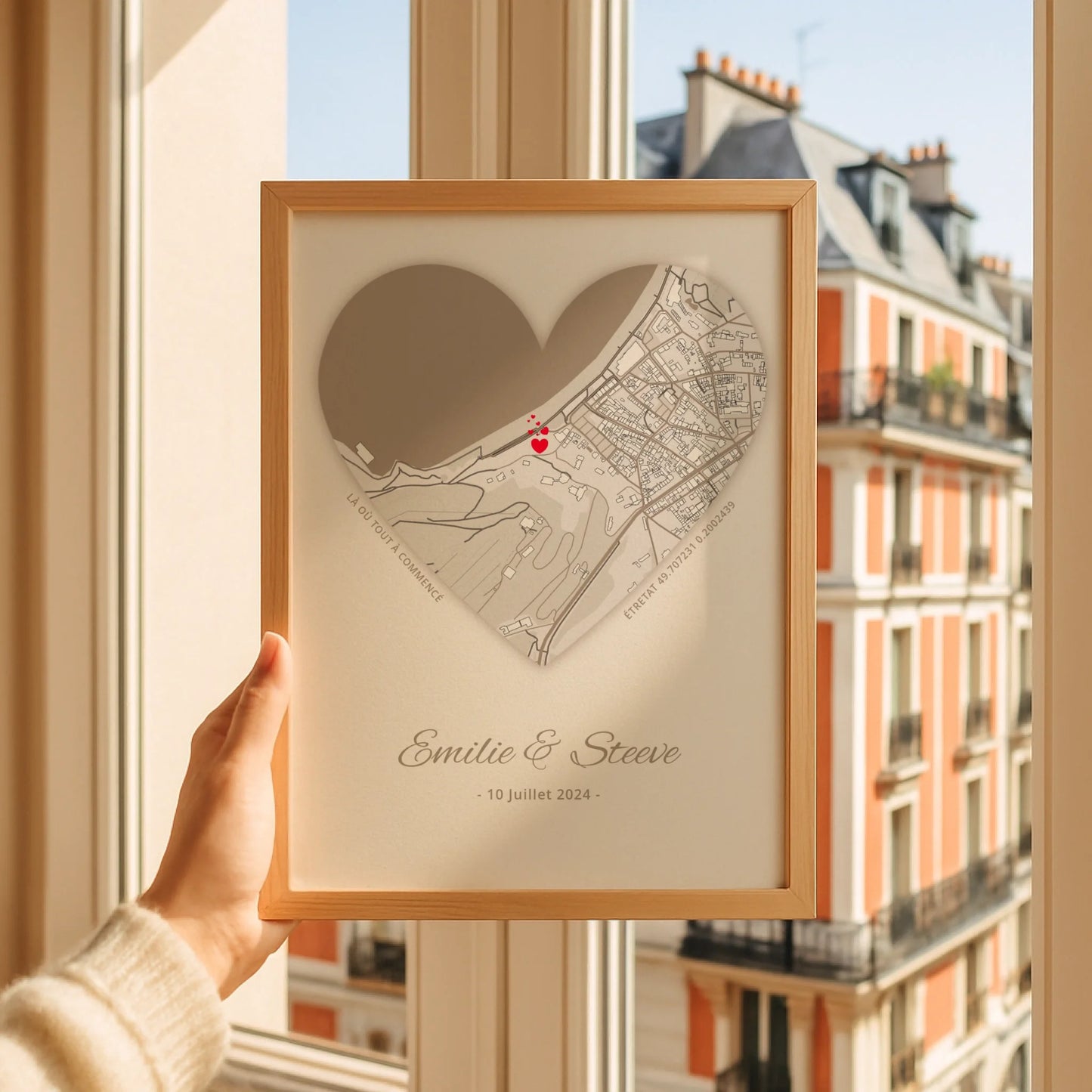 Affiche personnalisée couple carte du lieu de rencontre Cœur - cadeau personnalisé couple