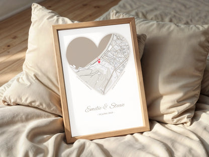 Affiche personnalisée couple carte du lieu de rencontre Cœur - cadeau personnalisé couple