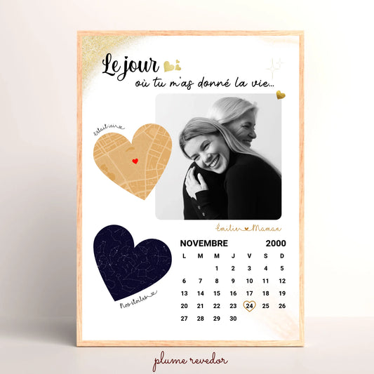 Affiche Personnalisée Maman Calendrier avec Photo, Plan et Carte des étoiles