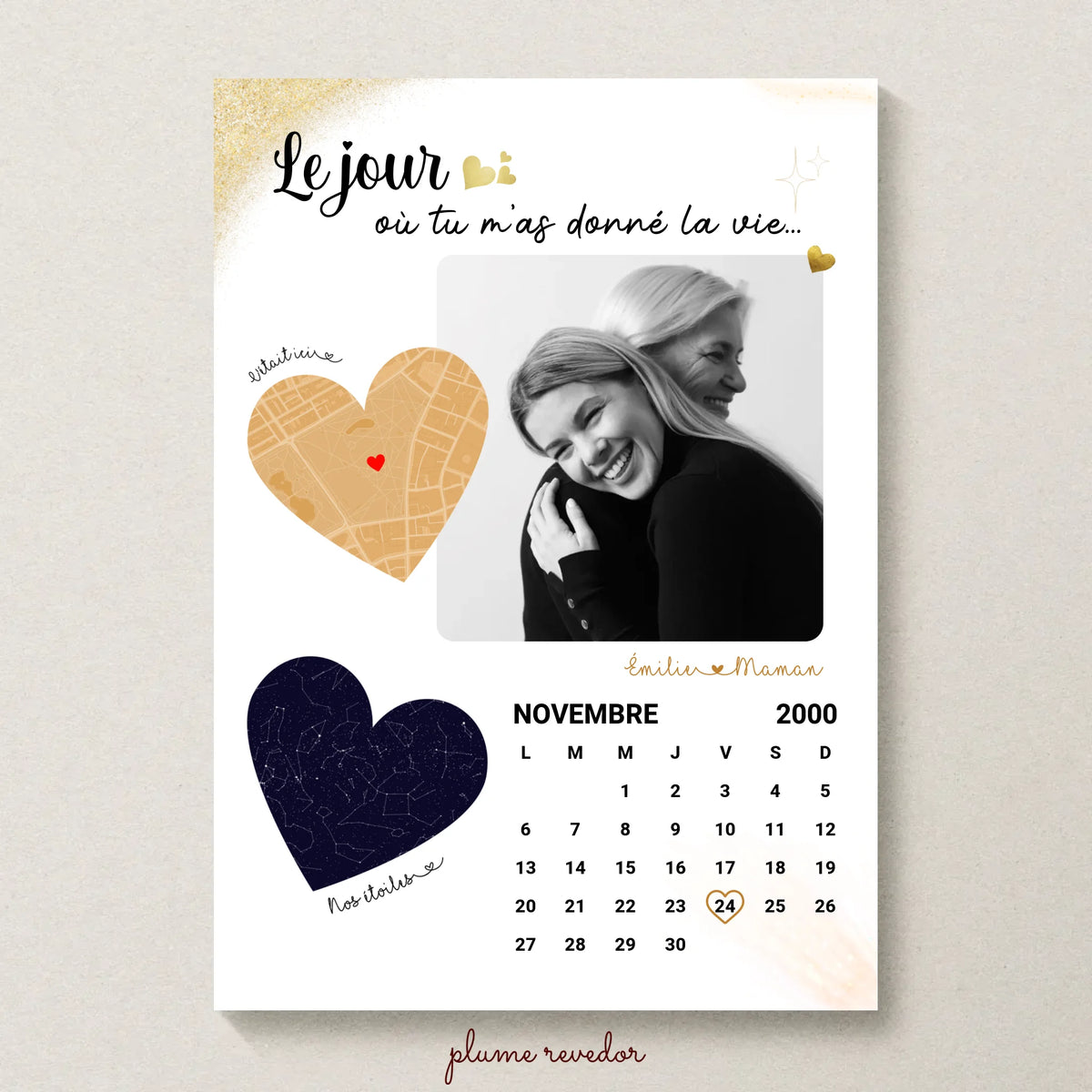 Affiche Personnalisée Maman Calendrier avec Photo, Plan et Carte des étoiles