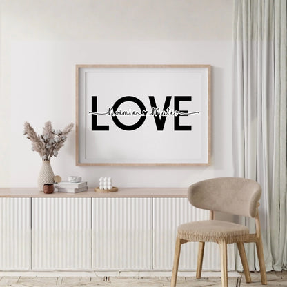 Affiche personnalisée Couple Mot et Prénoms - Cadeau personnalisé couple