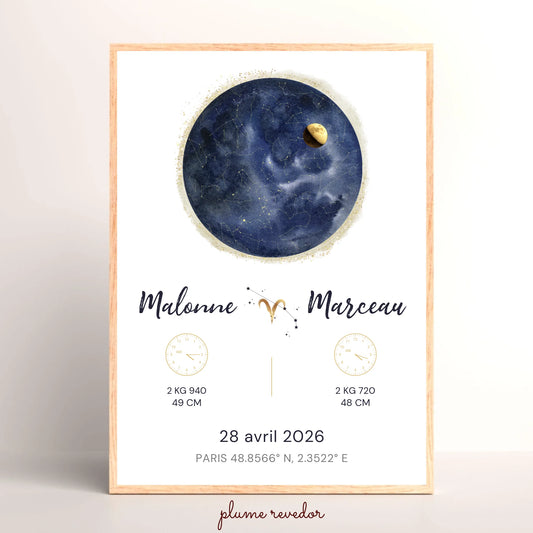 Cadeau Naissance Jumeaux Personnalisé — Carte du Ciel, Deux Prénoms et Deux Heures