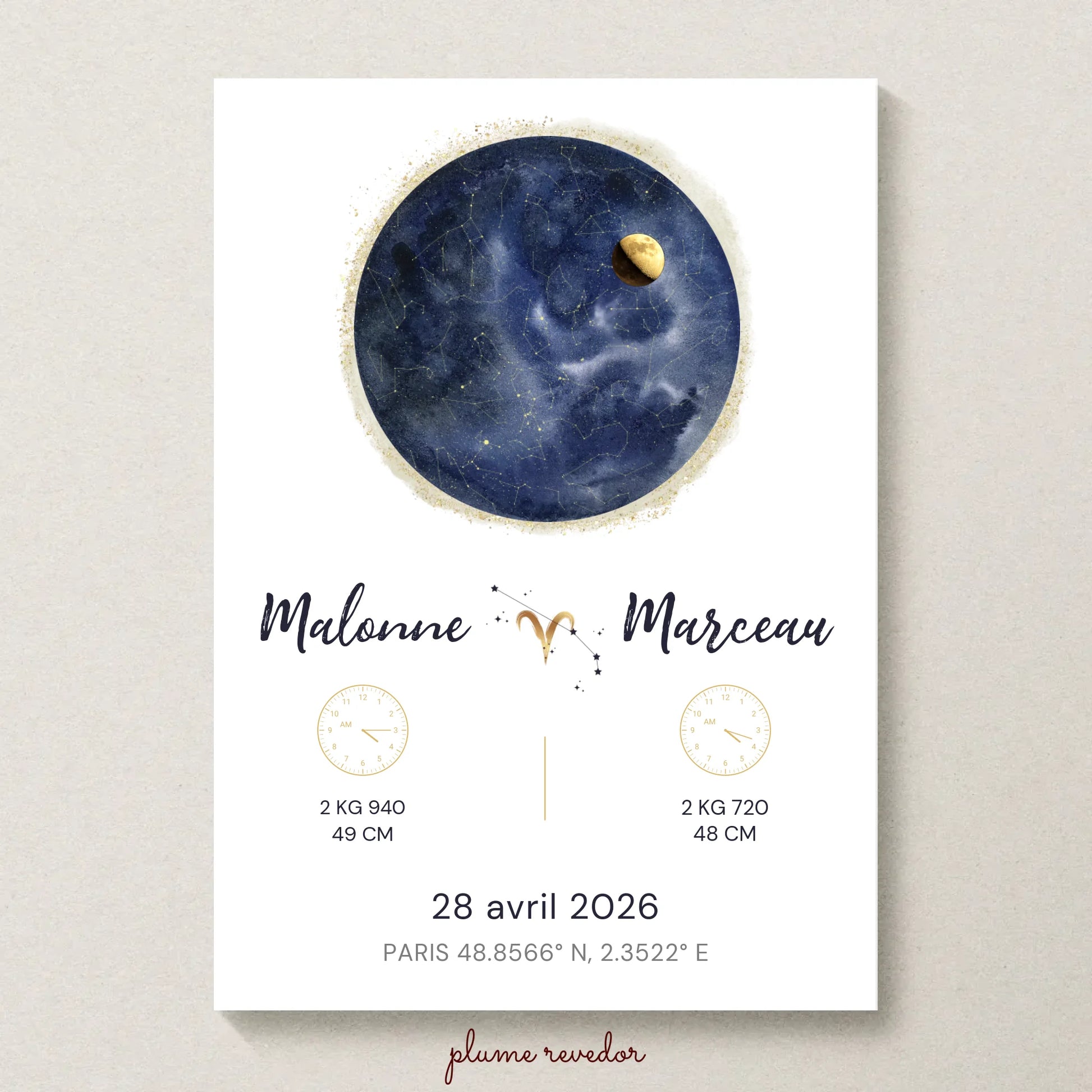 Affiche Personnalisée Naissance Jumeaux - Carte des étoiles avec Constellations, phase de la lune et signe astrologique