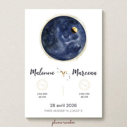 Affiche Personnalisée Naissance Jumeaux - Carte des étoiles avec Constellations, phase de la lune et signe astrologique