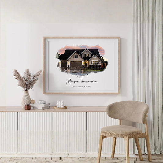 Affiche personnalisée - Maison Aquarelle à partir d'une photo - idée cadeau Pendaison de crémaillère