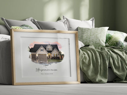 Affiche personnalisée - Maison Aquarelle à partir d'une photo - idée cadeau Pendaison de crémaillère