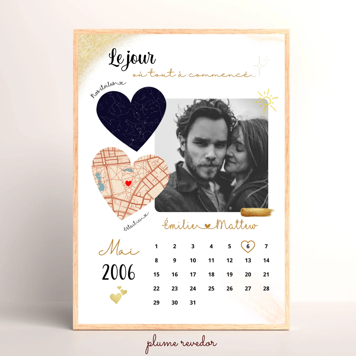Affiche Personnalisée - couple Calendrier date, photo, Plan et Carte des étoiles