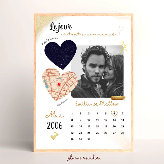 Affiche Personnalisée - couple Calendrier date, photo, Plan et Carte des étoiles